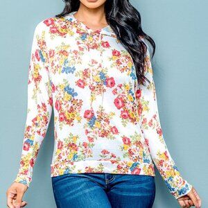 Soft Knit Floral Hoodie With Drawstrings